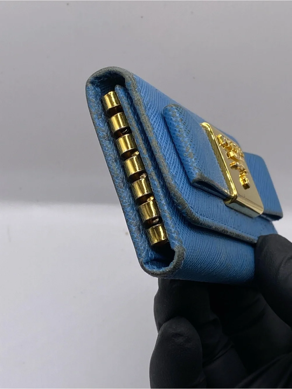Prada Light Blue Saffiano Leather Card Holder with Gold Plaque